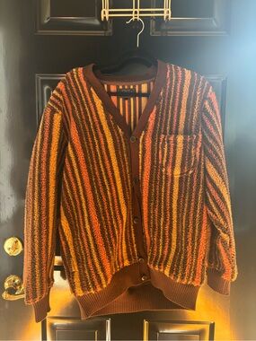 Striped V-Neck Cardigan Sweater - Brown & Orange